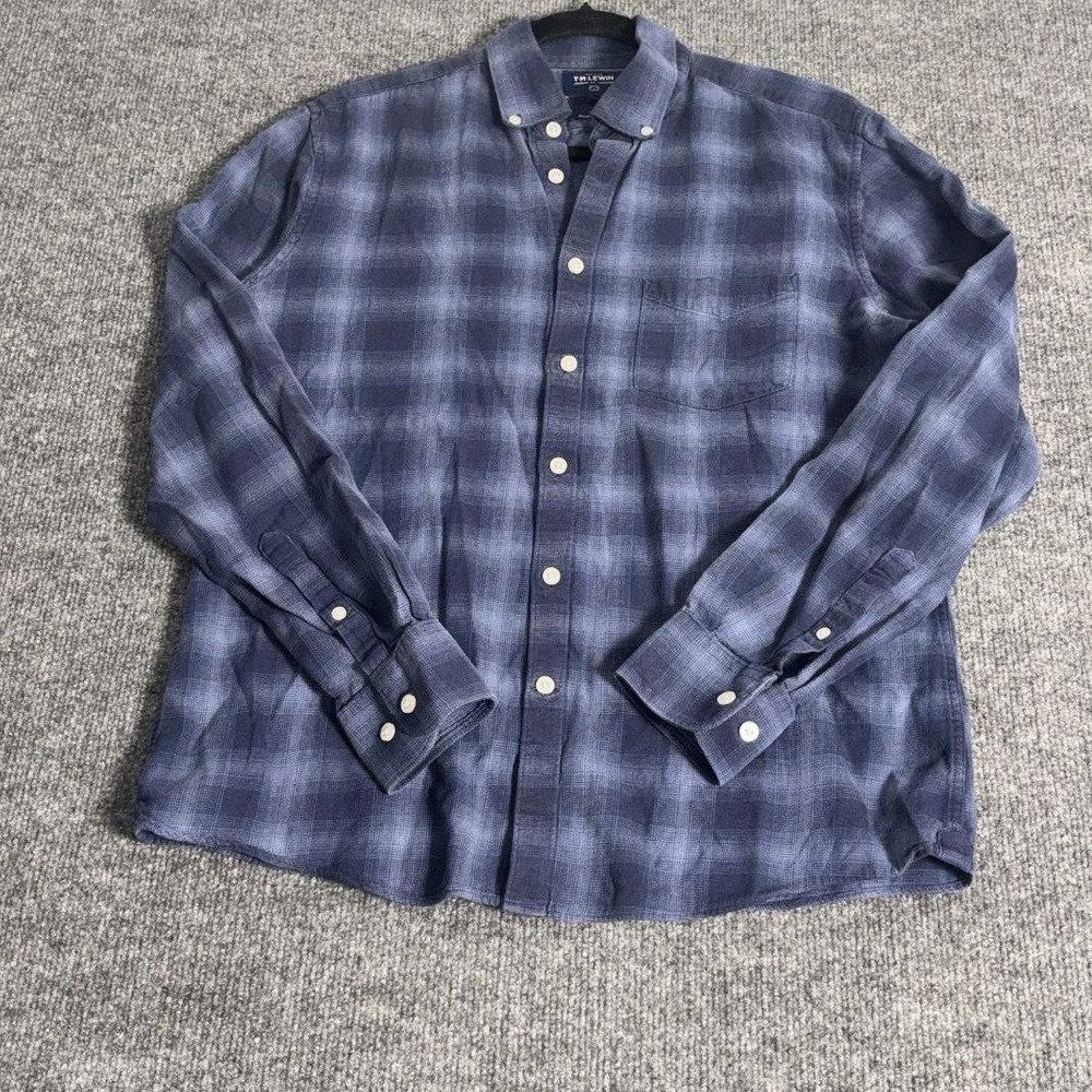 T.M. Lewin Shirt Mens Medium Blue Plaid Brushed Cotton Button Down Long Sleeve - Picture 2 of 16